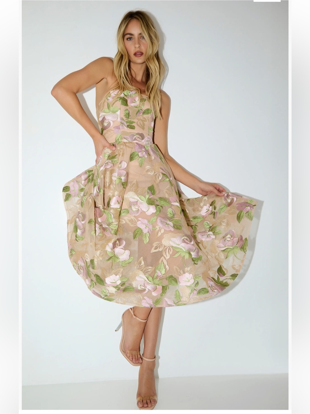 Helsi Noemi Embroidered Floral Strapless Cocktail Midi Dress